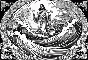 Almighty Jesus Christ ascends from Heaven to vanquish the formidable Serpent in the ocean tattoo idea