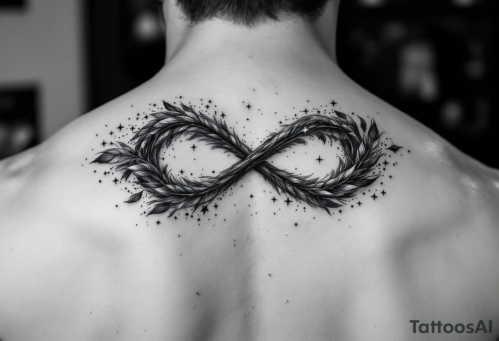 infinity symbol woven with floating feathers and stardust tattoo idea