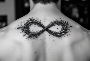 infinity symbol woven with floating feathers and stardust tattoo idea