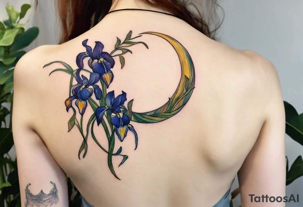 Create a small, colorful Vincent van Gogh Irises tattoo in the form of a crescent, with vines gracefully intertwining at a central point in the middle of the wreath. The intended placement is on the upper chest. The overall design should be small in size while maintaining a delicate and artistic aesthetic. Pay attention to the graceful flow of the vines and the placement of the irises to achieve a refined and elegant look. tattoo idea