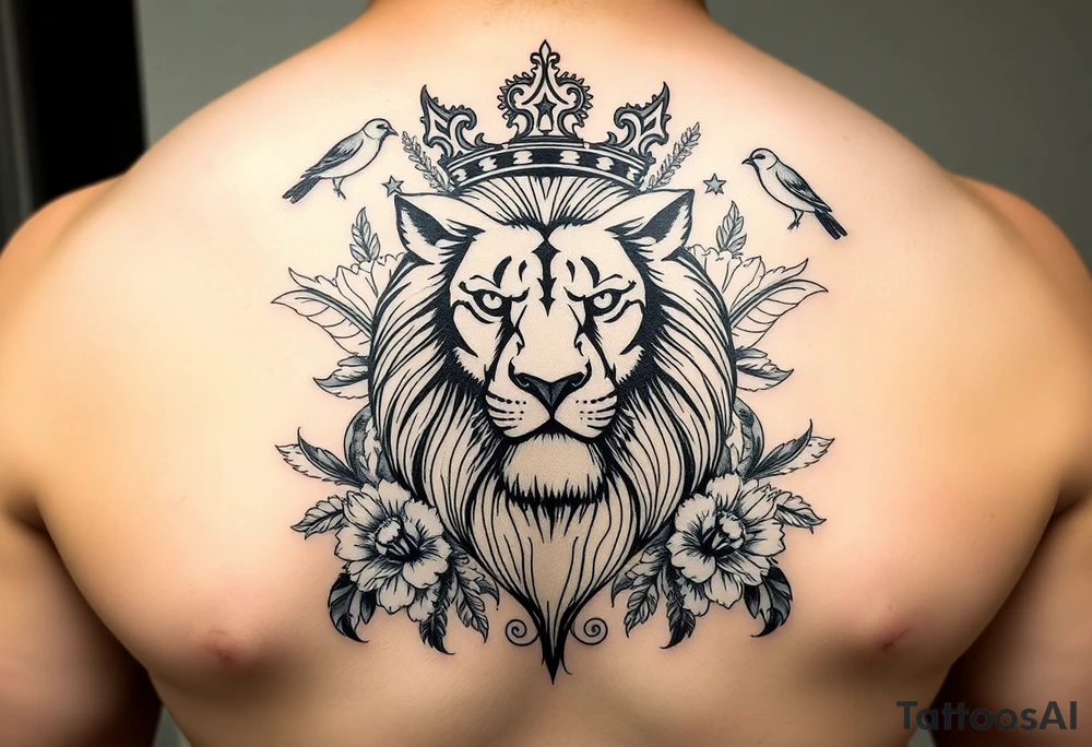 powerful majestic lion with a crown, surrounded by floral ornaments and birds tattoo idea