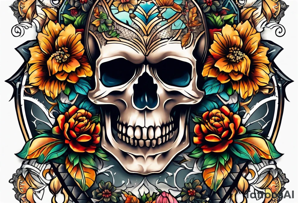 Old school center Knee tattoo with realistic skull, various flowers, water and fall colors tattoo idea