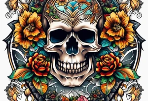 Old school center Knee tattoo with realistic skull, various flowers, water and fall colors tattoo idea