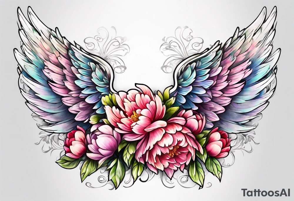 beautiful angel wings with colorful peonies. beautiful flilligree in the background tattoo idea
