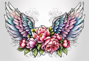 beautiful angel wings with colorful peonies. beautiful flilligree in the background tattoo idea