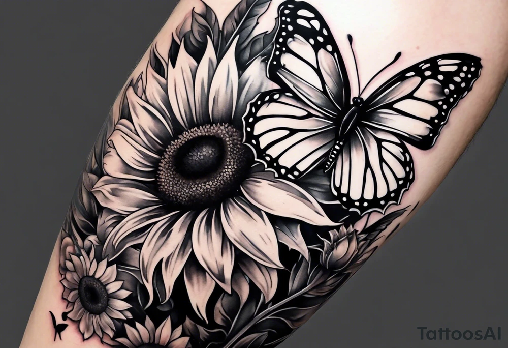 Sunflower and butterfly leg sleeve tattoo idea