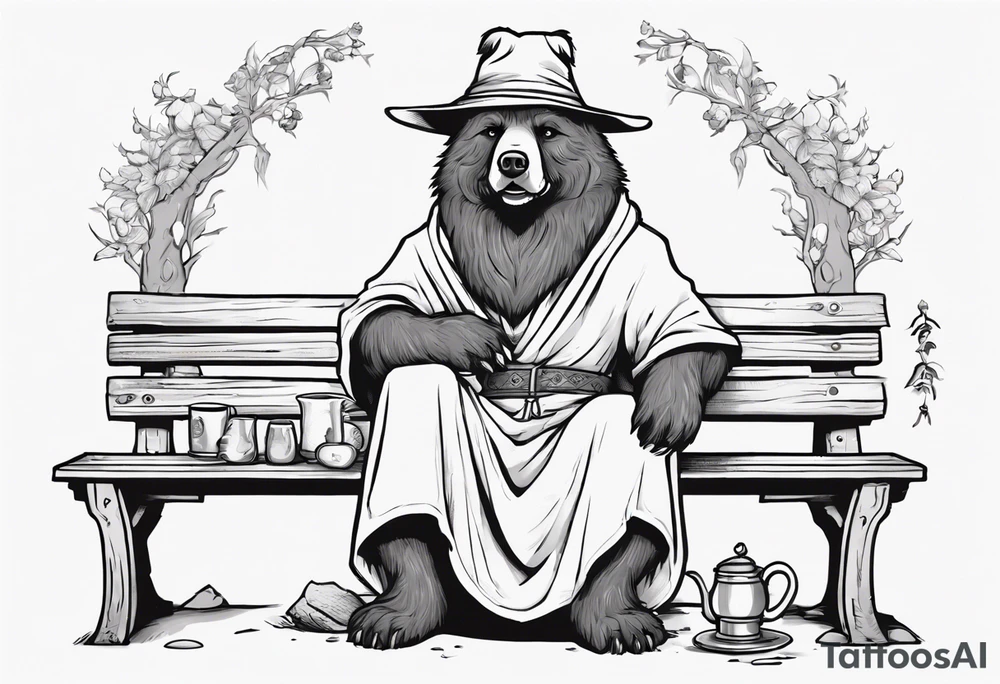a medieval dog-bear hybrid with a long grey beard wearing a tunic and a floppy hat sitting on a bench by a fireplace drinking from a wood cup, smiling tattoo idea