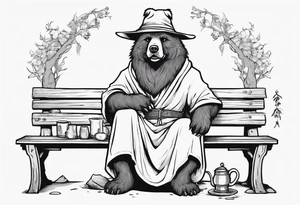 a medieval dog-bear hybrid with a long grey beard wearing a tunic and a floppy hat sitting on a bench by a fireplace drinking from a wood cup, smiling tattoo idea