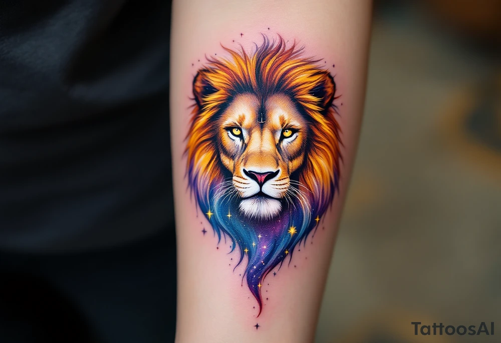 A Leo zodiac symbol and vivid leo star constellation rests between the eyes of a golden lion whose mane dissolves into a trail of starlit purple and blue. tattoo idea