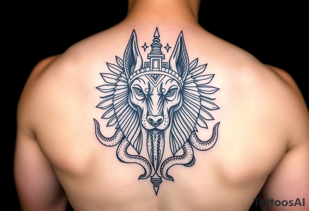 Egyptian Anubis god face muscle in Egypt style dog face surrounded Egyptian symbols and snakes tattoo idea