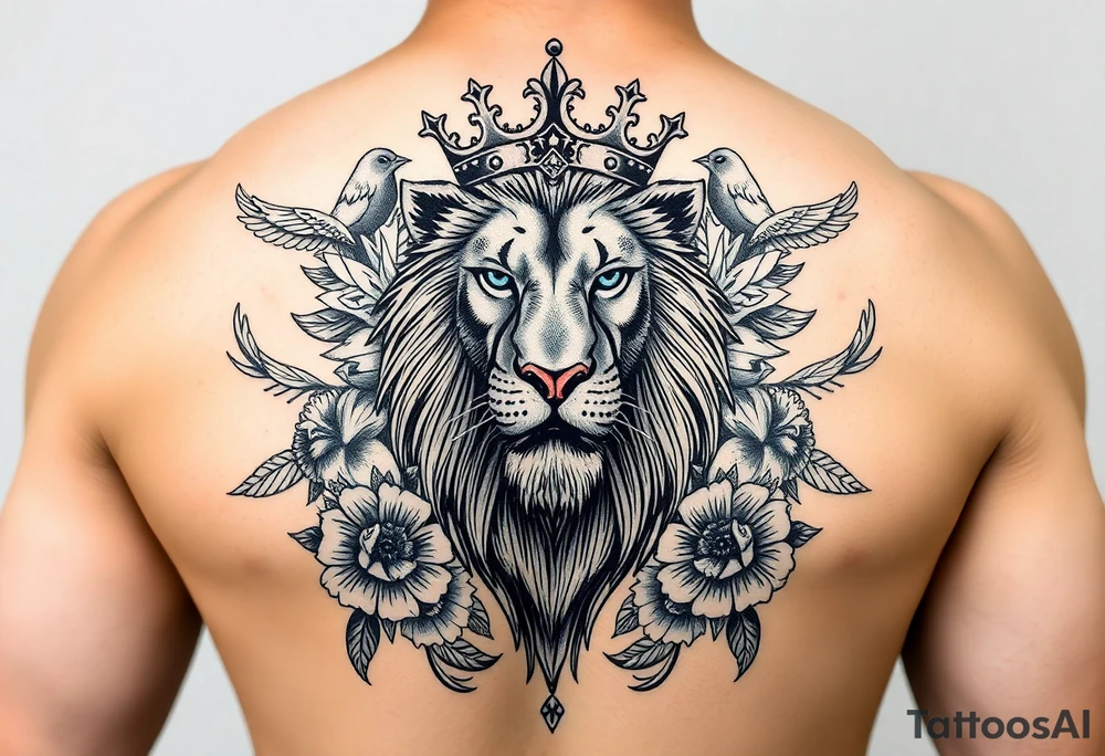 powerful majestic lion with a crown, surrounded by floral ornaments and birds tattoo idea