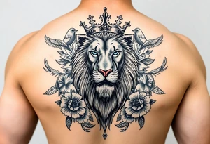 powerful majestic lion with a crown, surrounded by floral ornaments and birds tattoo idea