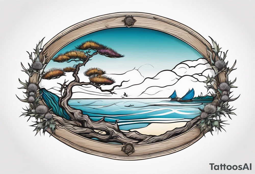 An oval frame of driftwood and sea with a thistle at the bottom of the frame. tattoo idea