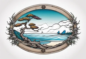 An oval frame of driftwood and sea with a thistle at the bottom of the frame. tattoo idea