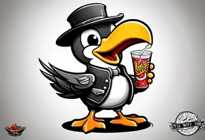 Cute cartoon Bird with a gun in its mouth with “ hot dog water” underneath tattoo idea