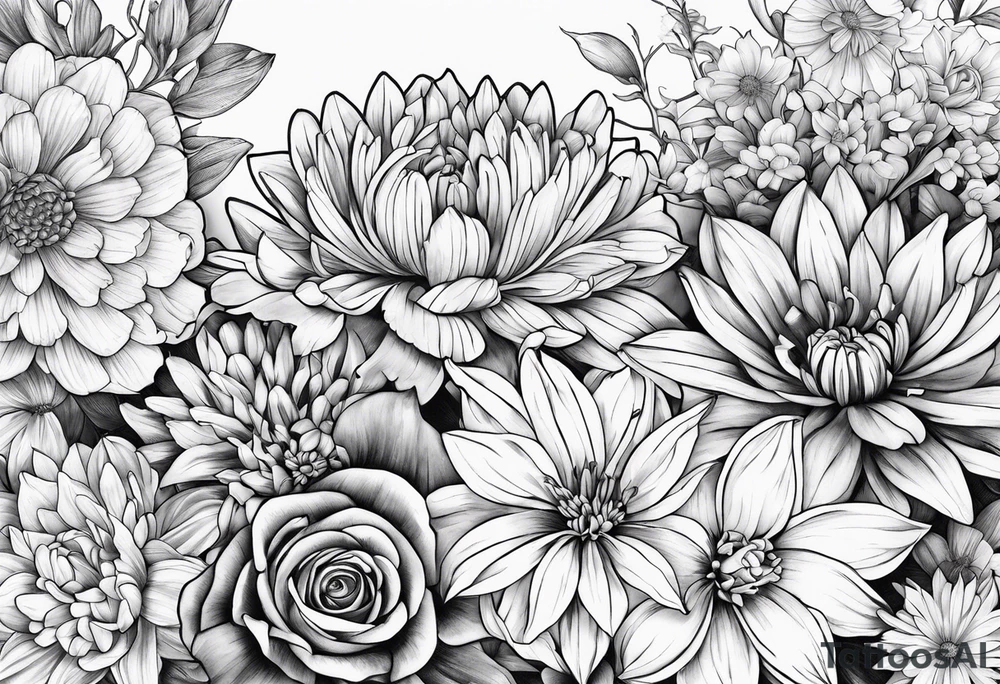 Aster, Chrysanthemums, Rose, Daffodil, Gladiolus tattoo idea