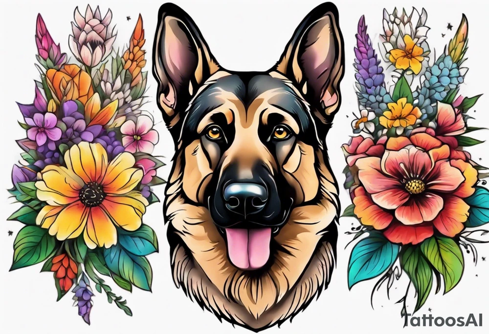 German shepherd portrait brightly colored with flowers tattoo idea