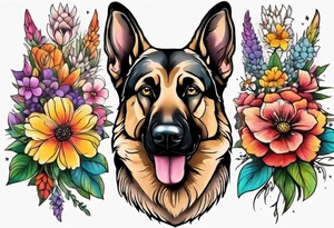 German shepherd portrait brightly colored with flowers tattoo idea