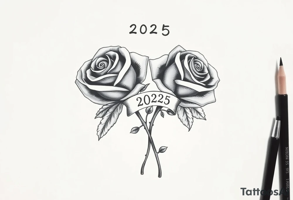 two big beautiful rose buds with leaves and separated by their cascading, intertwined stems joining as one. Add a small banner with the year "2025" on it, tying them together.  Add the following word "Rose" written in Kanji above the drawing. tattoo idea