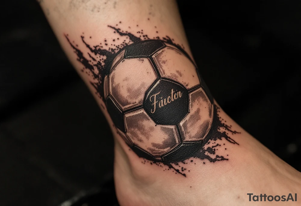 A vintage-style soccer ball shaded in sepia and brown tones with cursive lettering. tattoo idea
