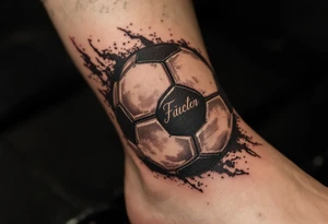 A vintage-style soccer ball shaded in sepia and brown tones with cursive lettering. tattoo idea