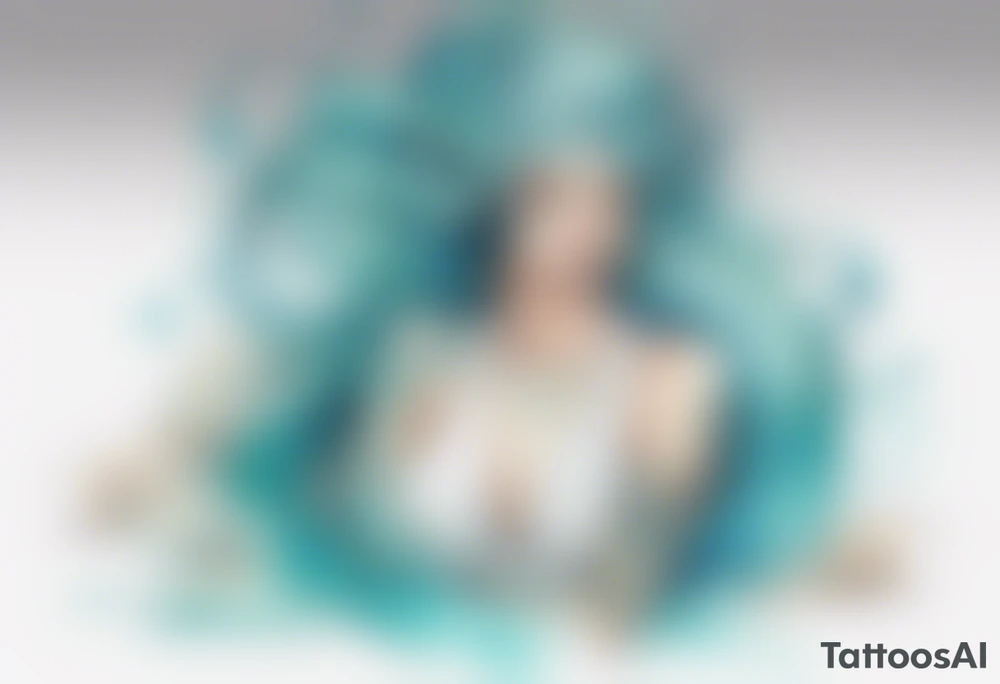 A beautiful undine with turquois scales wearing a white robe, laying on the shore tattoo idea