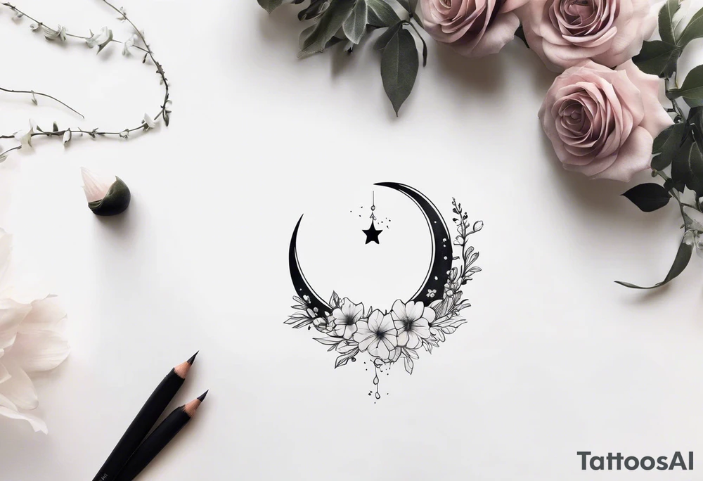 hand tattoo of a Crescent moon with a heart inside, shrouded by beautiful flowers with wisps of mist tattoo idea