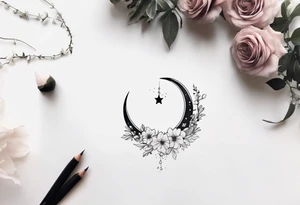 hand tattoo of a Crescent moon with a heart inside, shrouded by beautiful flowers with wisps of mist tattoo idea