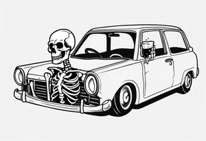 A skeleton sitting in a car drinking a beer tattoo idea