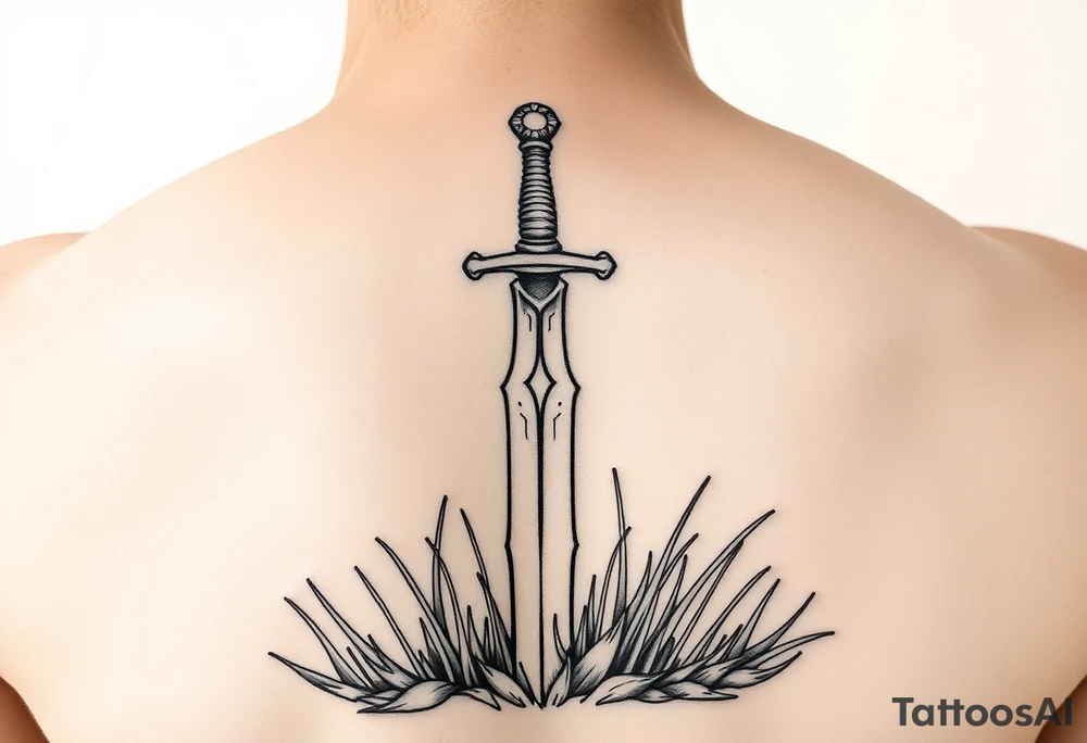 realistic sword in the ground with light grass showing humbleness. tattoo idea