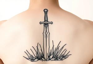 realistic sword in the ground with light grass showing humbleness. tattoo idea