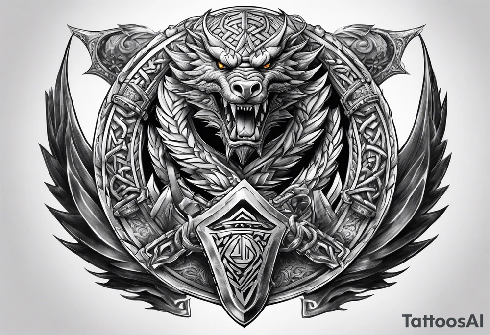 Valhalla sword round shield dragon axe Valknut steps fire chains tattoo idea Valhalla sword round shield dragon axe Valknut steps fire chains tattoo idea
