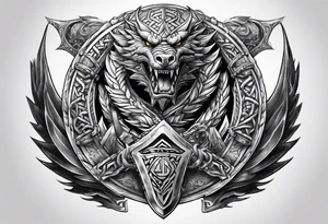 Valhalla sword round shield dragon axe Valknut steps fire chains tattoo idea