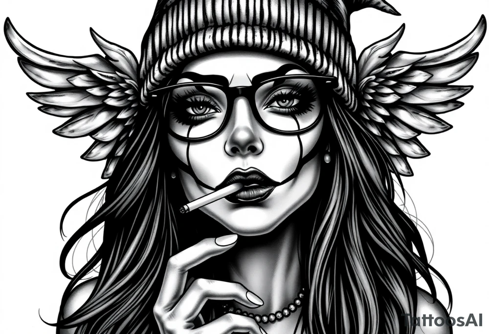Chicana sexy beautiful long hair clown makeup angel wings thug beanie eyeglasses smoking a cigarette tattoo idea