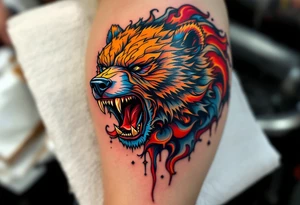 A roaring bear with HC Sparta's logo branded on its shoulder in gold and crimson. tattoo idea
