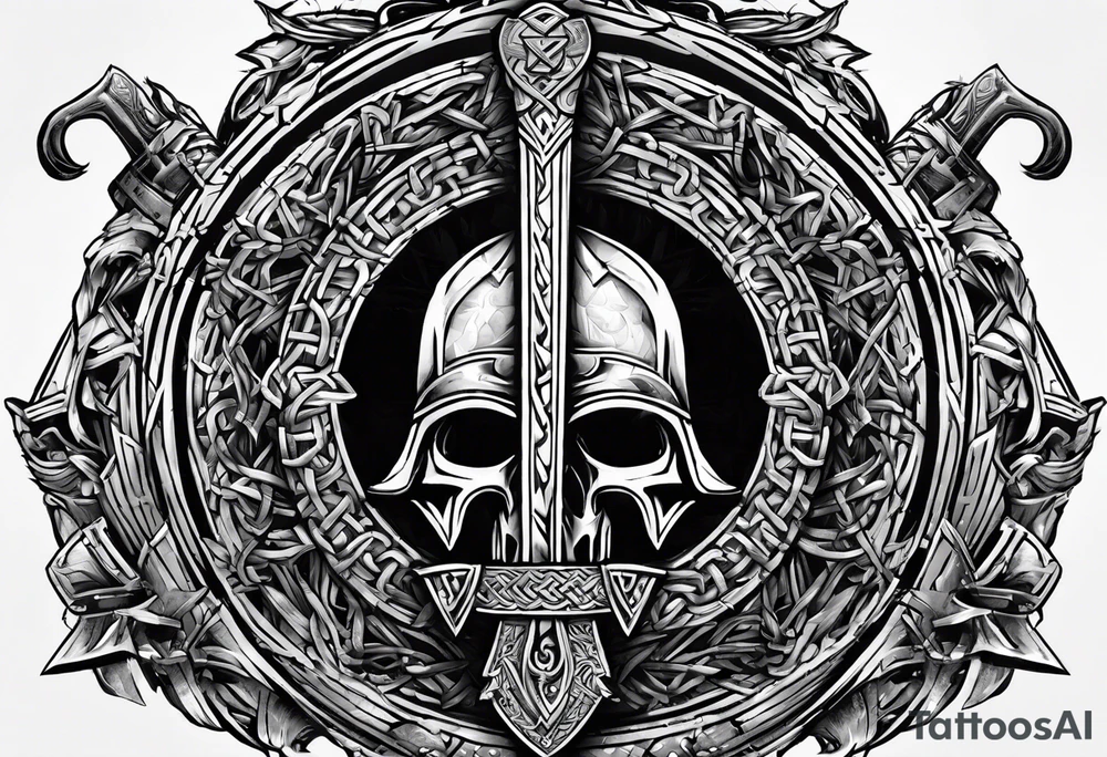 Valhalla sword shield  axe Valknut barbed wire chains tattoo idea