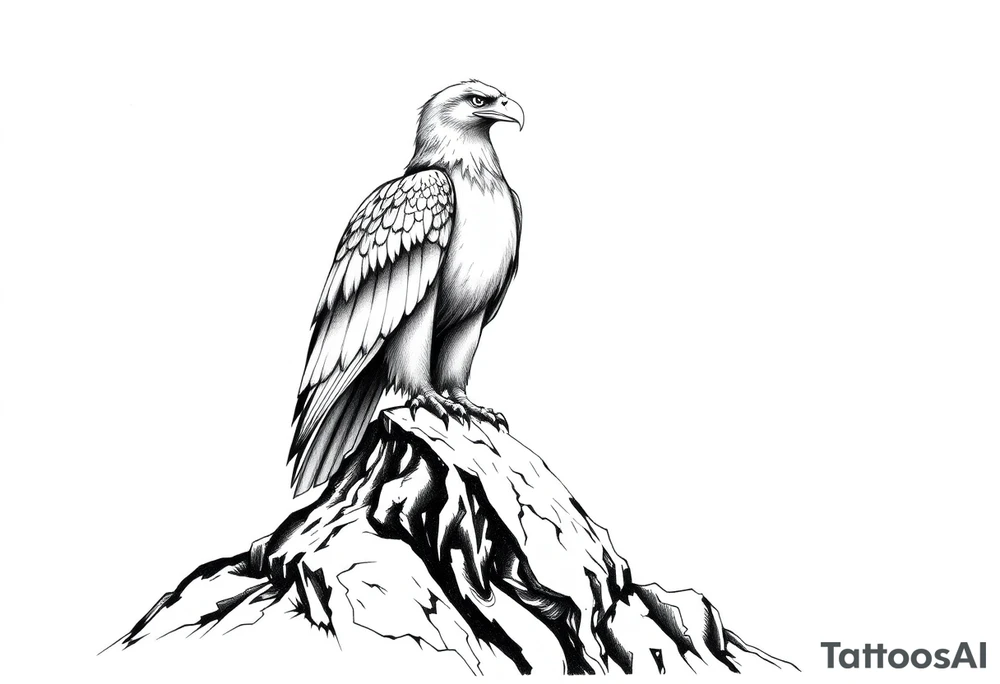 an eagle stands on a rock, landscape. tattoo idea