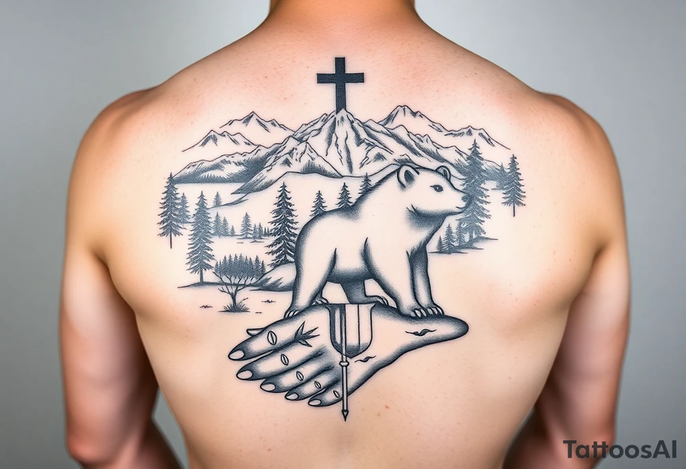 A full-sleeve with the Härjedalen landscape, reindeer, bear, lakes, mountains (Helags), cross and Härjedalen's coat of arms on the hand tattoo idea