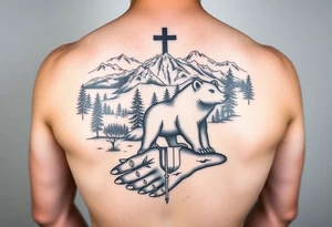 A full-sleeve with the Härjedalen landscape, reindeer, bear, lakes, mountains (Helags), cross and Härjedalen's coat of arms on the hand tattoo idea