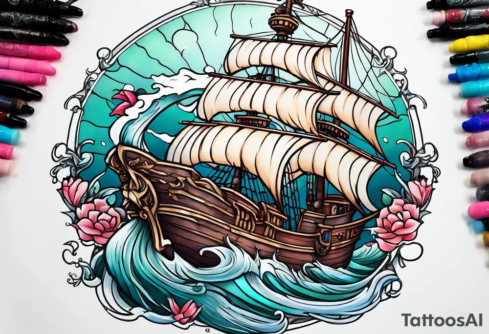 mermaid with galleon ship tattoo idea