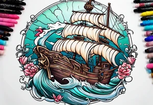 mermaid with galleon ship tattoo idea