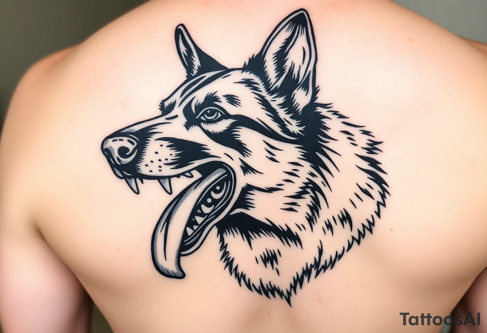 German Shepherd K-9 barking with teeth barred and drool coming out of the dog's mouth tattoo idea