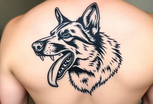 German Shepherd K-9 barking with teeth barred and drool coming out of the dog's mouth tattoo idea