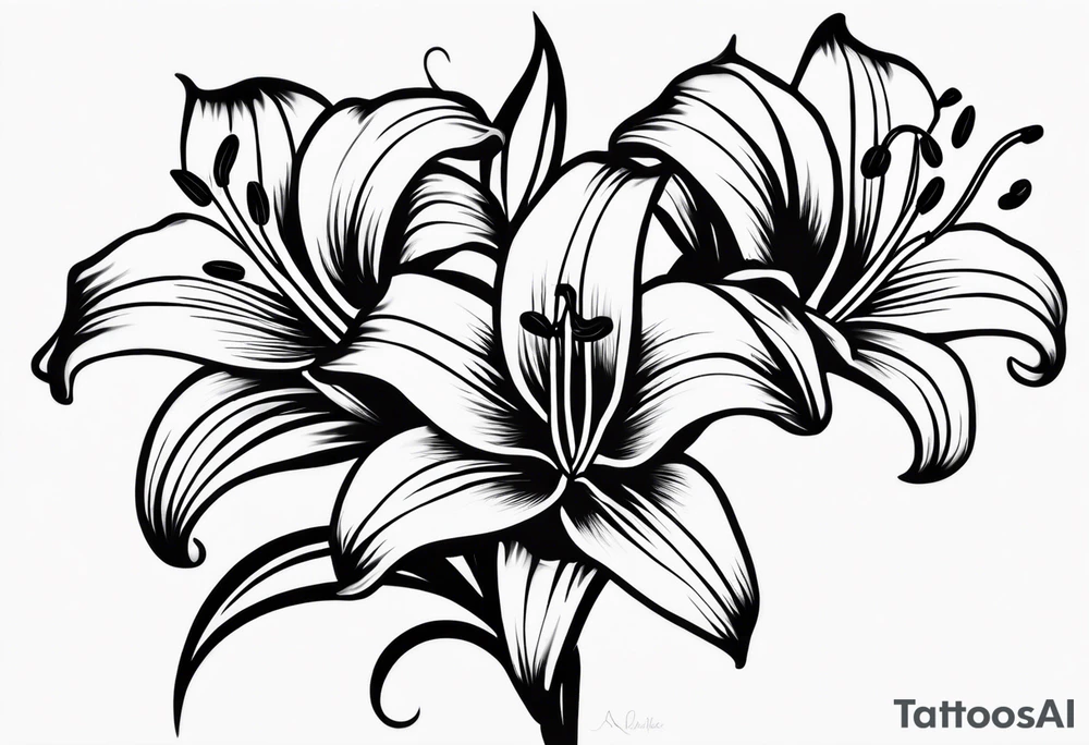 I'm looking for a tattoo design featuring tiger lilies with the initials 'SAC' incorporated into the stems. I envision a black and white style, sleek and minimalist, with clean lines and shading for depth.
Could you recreate this concept with your artistic touch? tattoo idea
