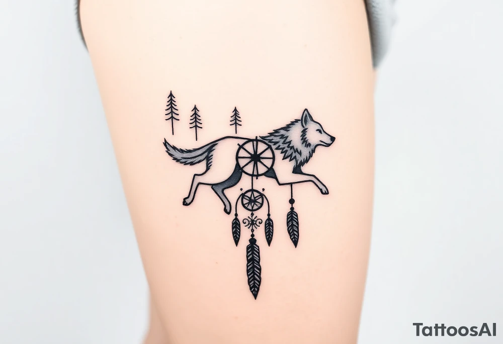 A wolf running through the woods, with dreamcatcher rings tattoo idea