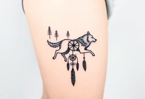 A wolf running through the woods, with dreamcatcher rings tattoo idea