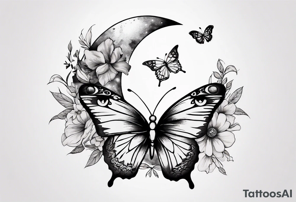 tattoo with floral and butterflies and moon tattoo idea
