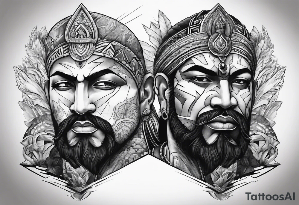 2 gods faces looking each other one morphs into a city and the other morphs into mountains tattoo idea