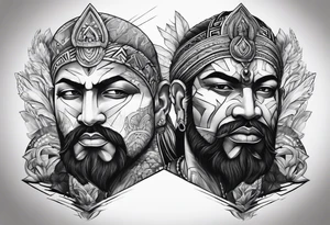 2 gods faces looking each other one morphs into a city and the other morphs into mountains tattoo idea