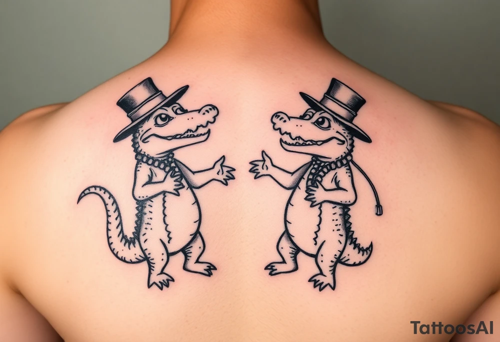 two cartoon mardi gras alligators dancing wearing hats and beads tattoo idea